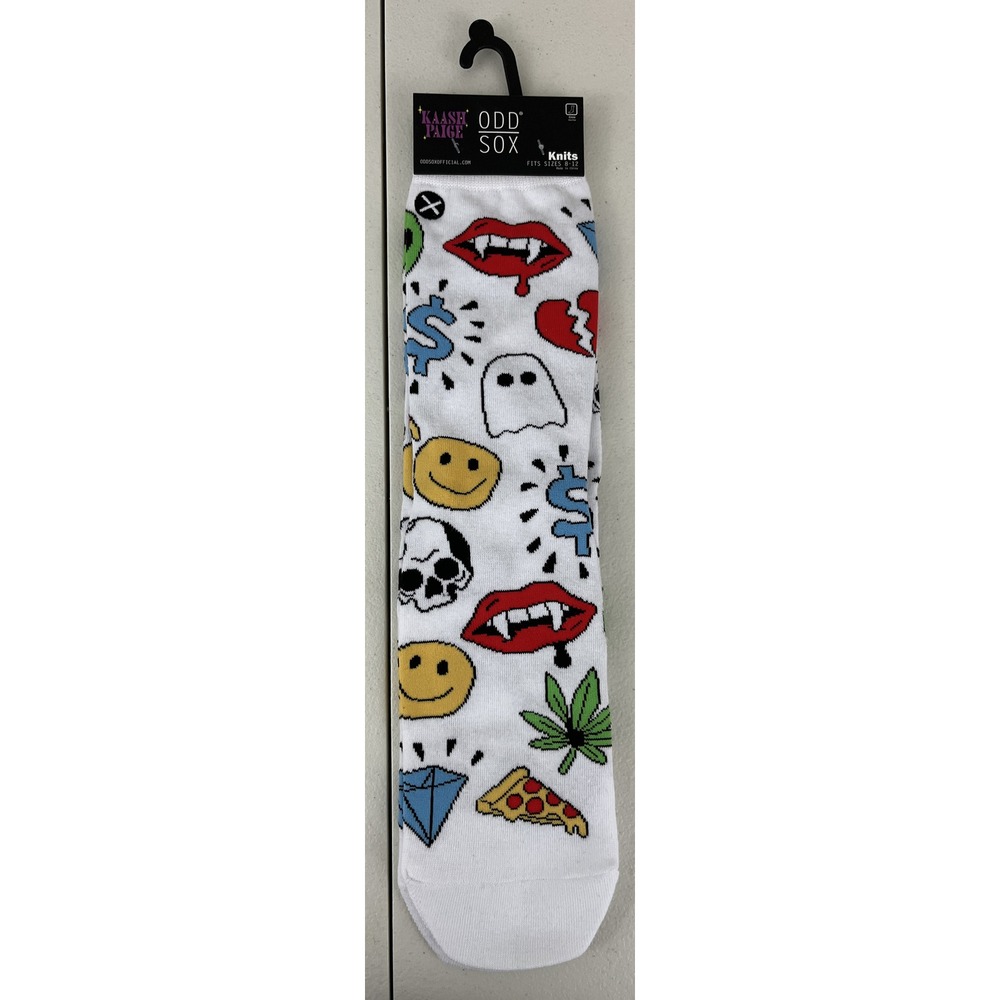 NEW ODD SOX Kaash Paige Sketchbook Graphic Print Crew Socks White Size 8-12